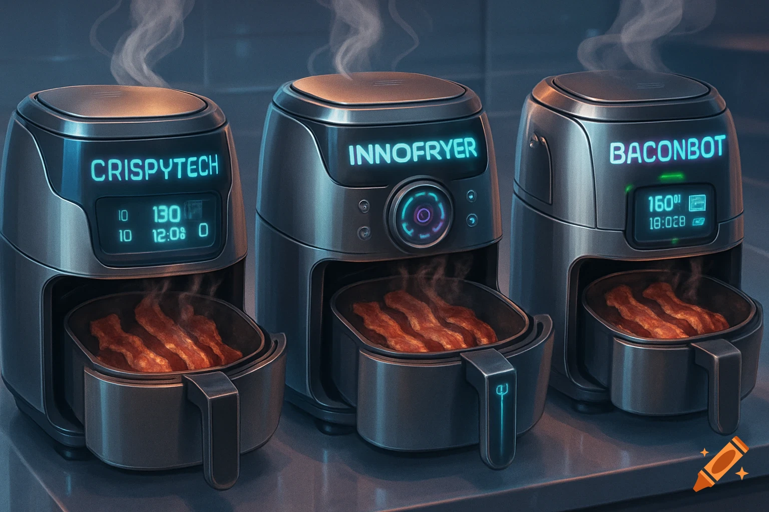 Three modern air fryers cooking sizzling bacon, each with a digital display showing a unique brand name.
