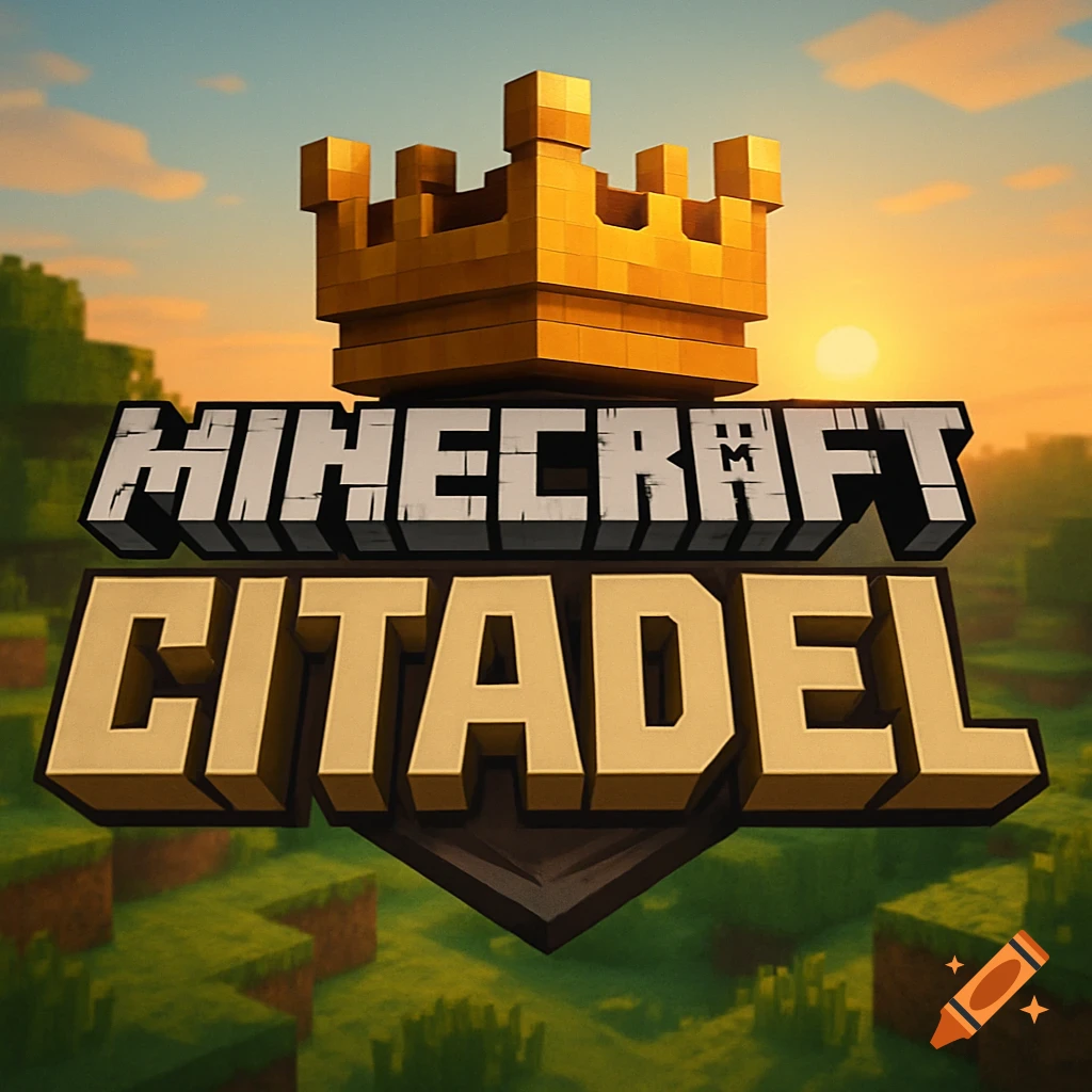 A blocky golden crown rests on a Minecraft-style logo that reads 'MINECRAFT CITADEL' above a blocky landscape with a sunset.