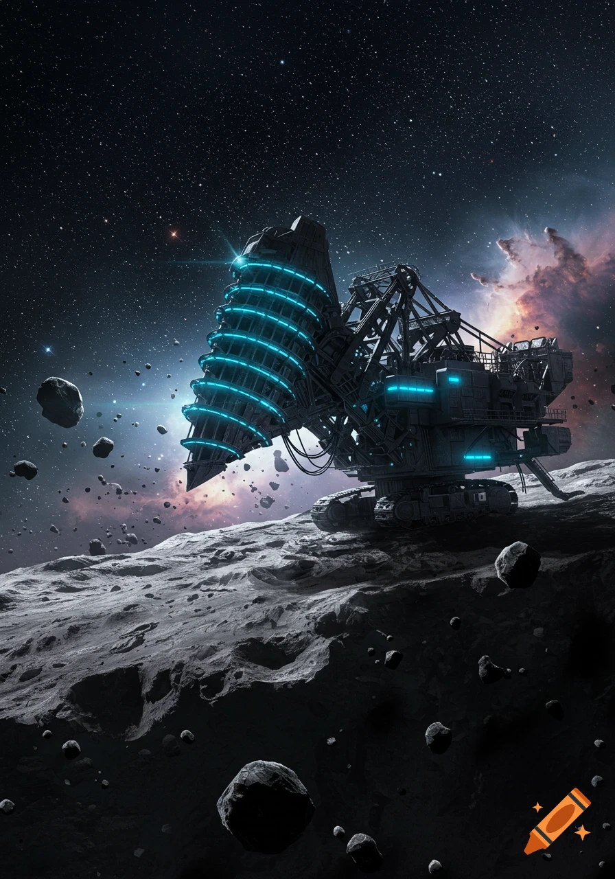 A futuristic mining drill with glowing blue lights on a rocky asteroid, surrounded by smaller asteroids and a nebula in deep space.