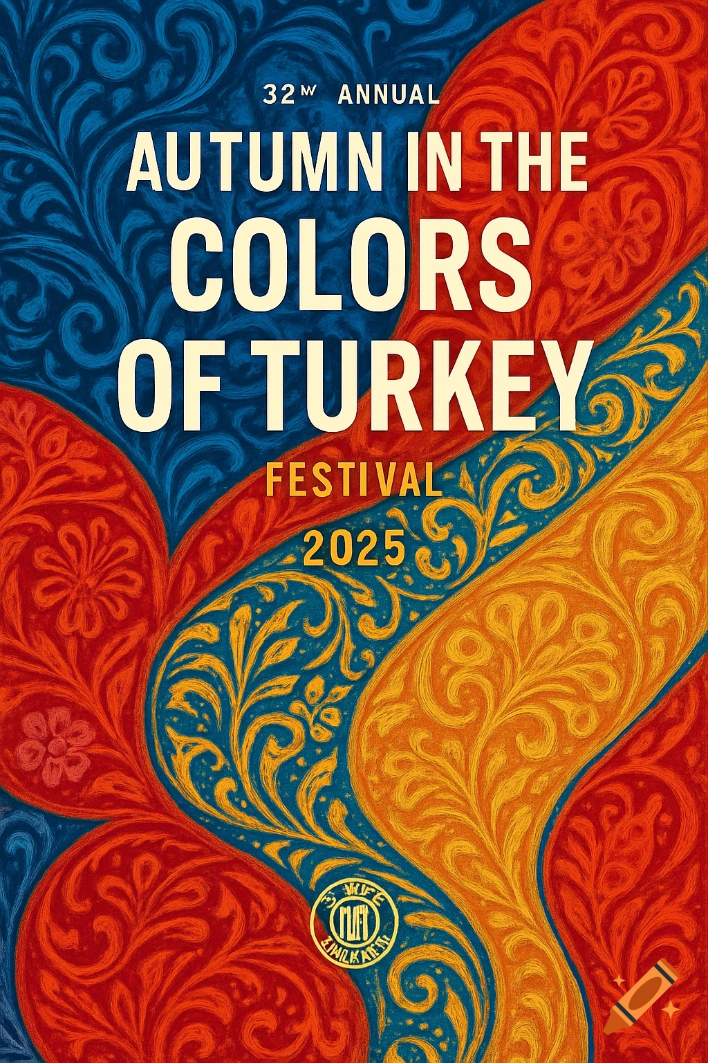 A vibrant poster for the "Autumn in the Colors of Turkey Festival 2025," featuring intricate red, blue, and gold floral patterns.