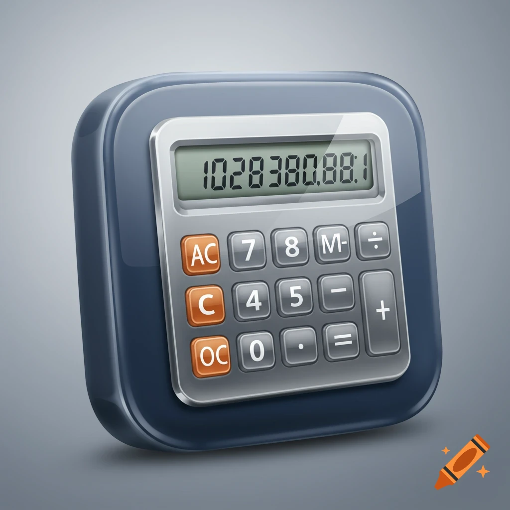 A skeuomorphic Frutiger Aero style calculator app icon, showing a grey calculator with orange buttons on a dark blue rounded square background.