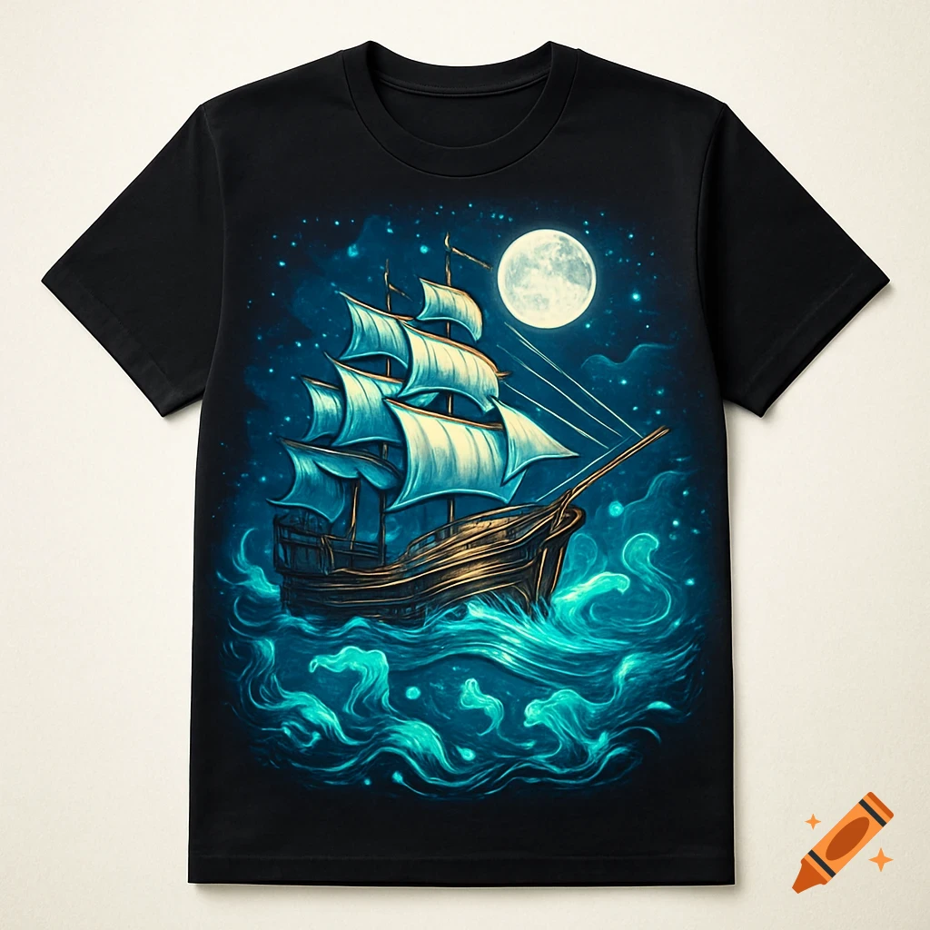 Black t-shirt with a fantasy illustration of a sailing ship on glowing blue waves under a full moon and starry sky.