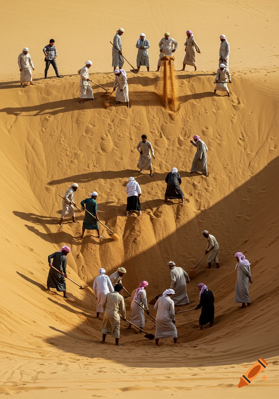 Many men in traditional Middle Eastern attire digging a large pit in desert sand, shoveling sand upwards in a photorealistic image.