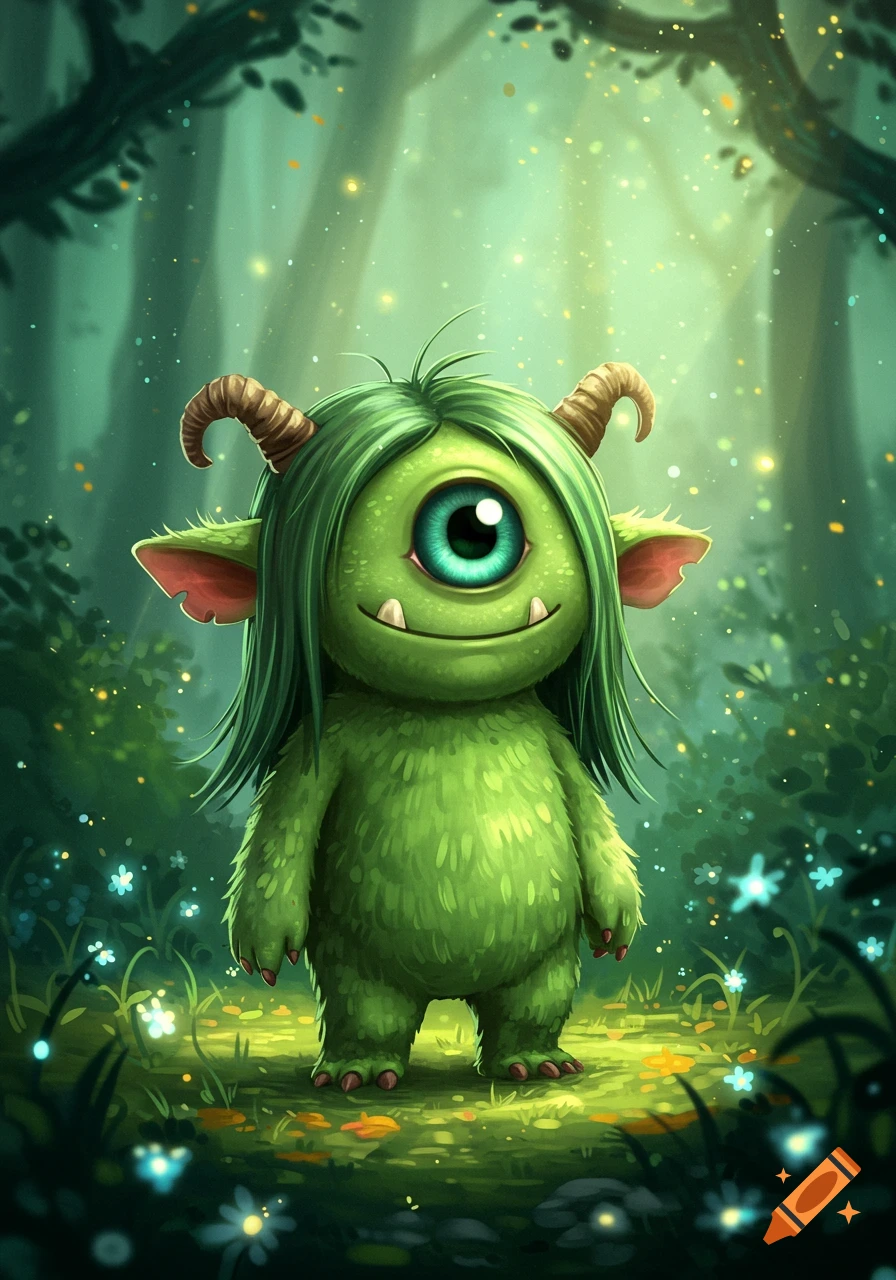 A cute, fluffy green monster with one large eye, long green hair, and small horns stands in a magical, glowing forest.
