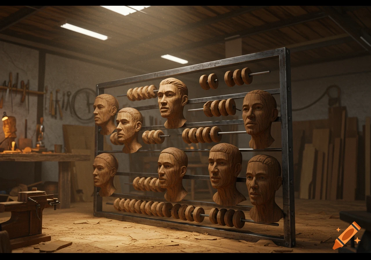 A large abacus with wooden sculpted human heads and beads on metal rods in a rustic workshop, photorealistic.