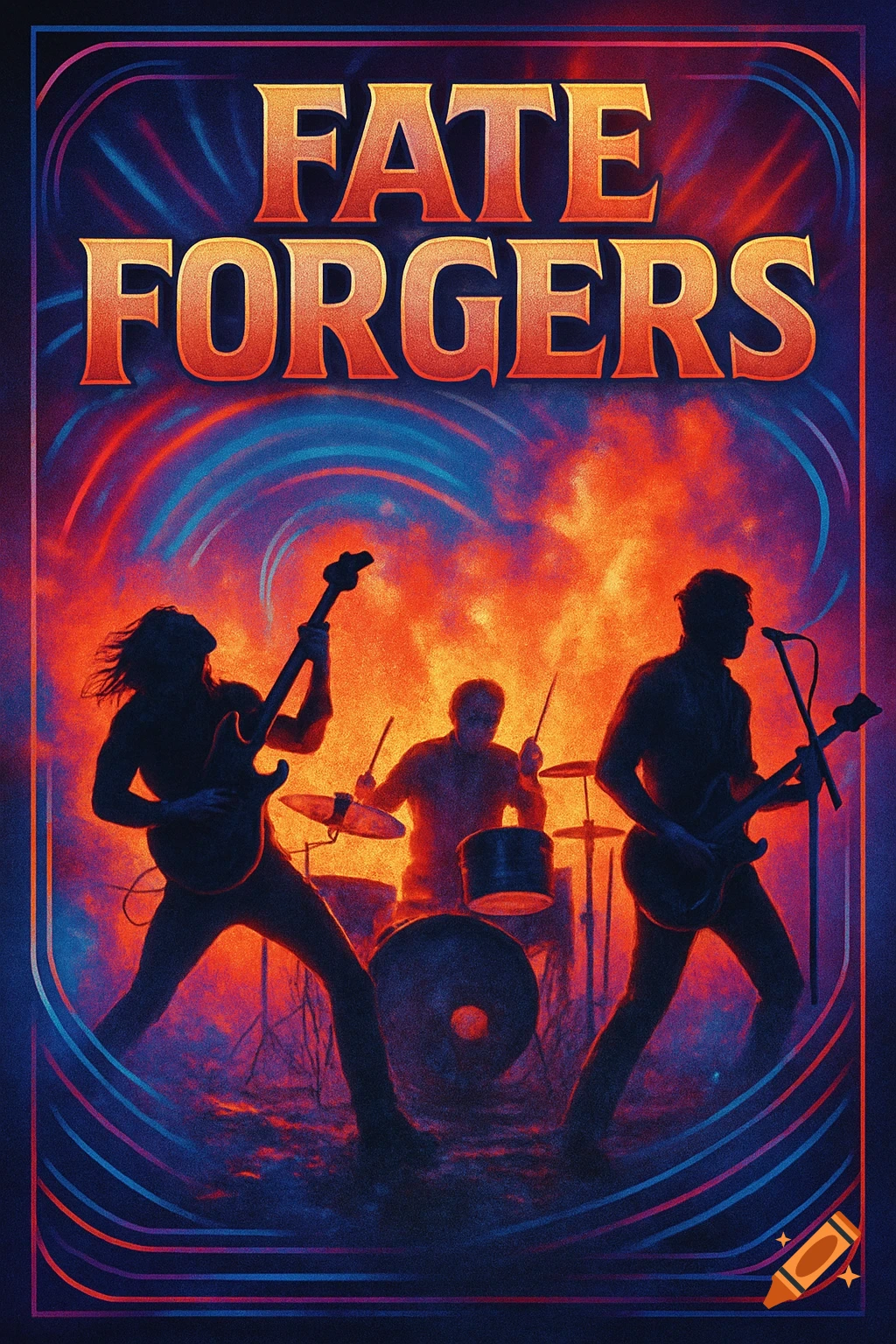 Concert poster 'Fate Forgers' with silhouetted band playing instruments against fiery orange and blue lights.