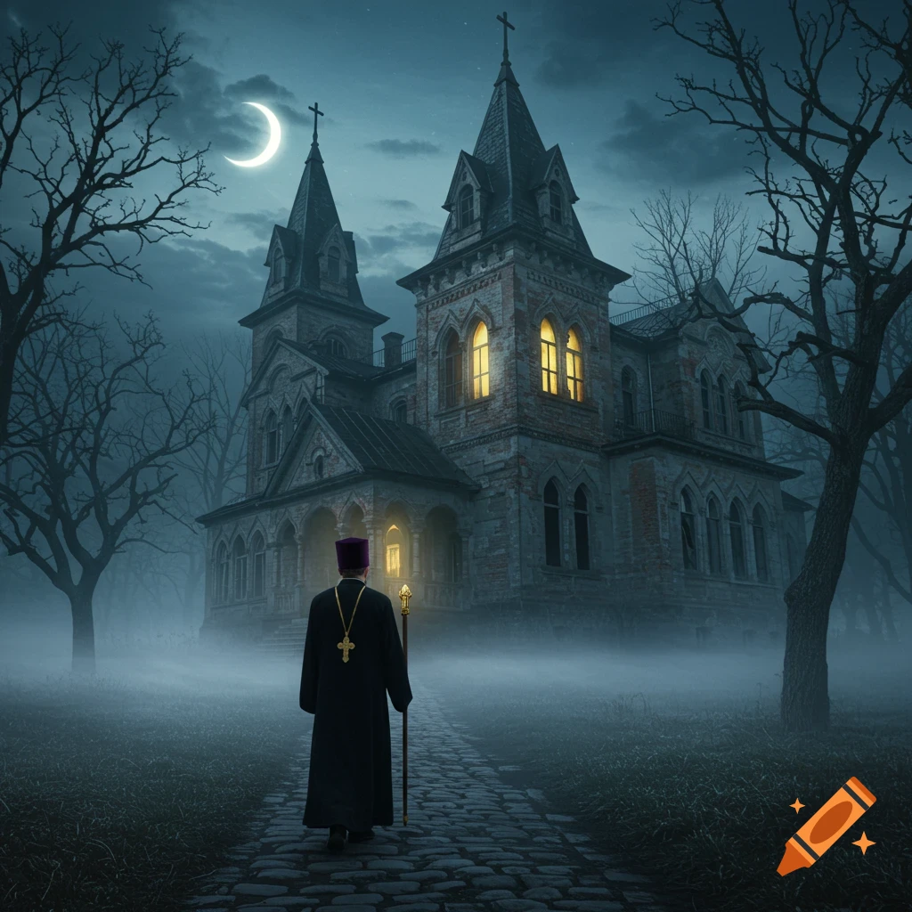 A Russian Orthodox priest walks on a cobblestone path toward a haunted mansion at night, shrouded in fog under a crescent moon.