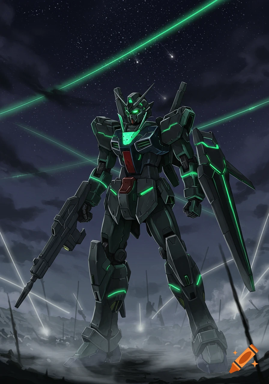 A dark grey mecha with glowing green accents stands on a misty battlefield under a starry night sky with green laser beams. Digital art style.