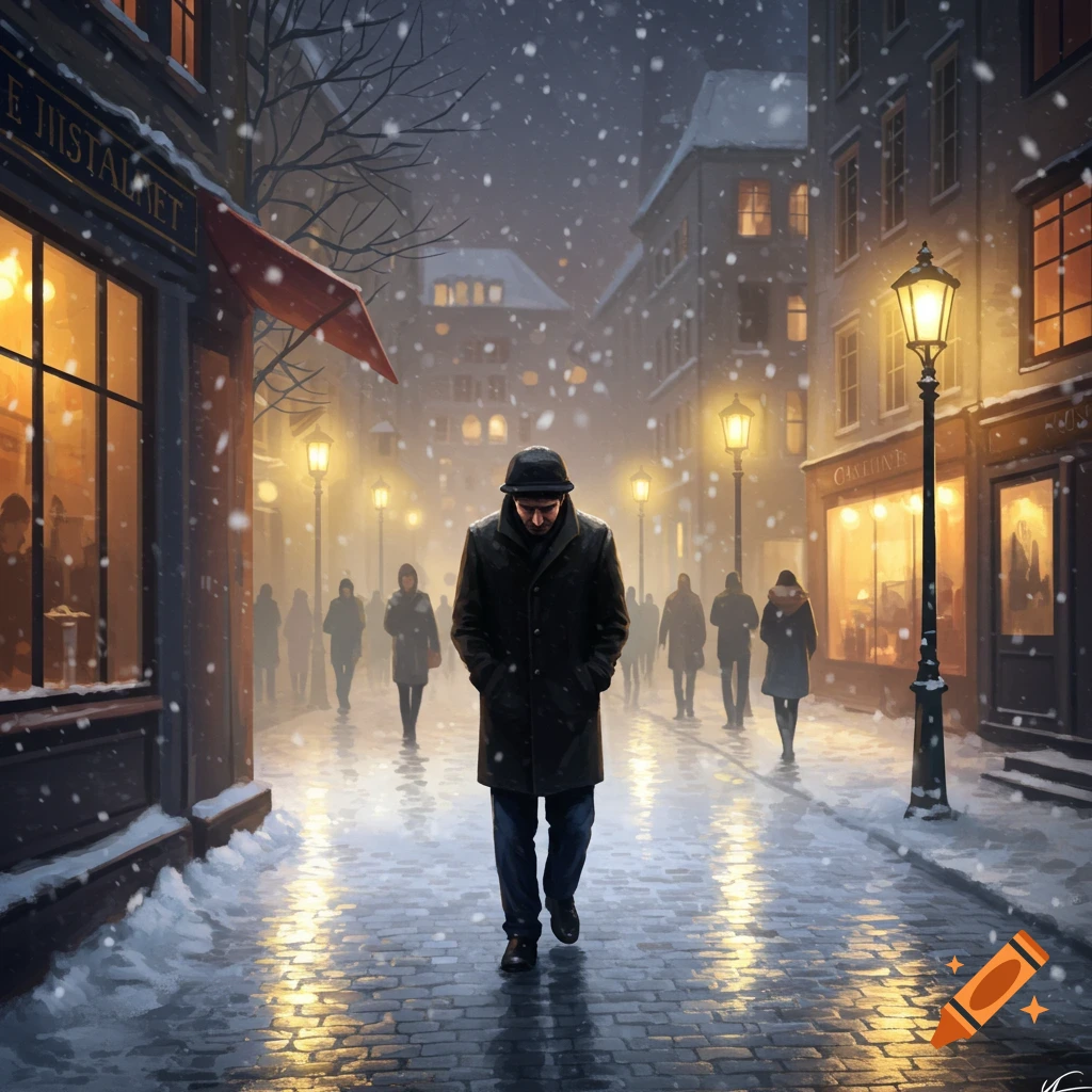 A man walks alone on a snowy cobblestone street at night, illuminated by warm streetlights and shop windows in a detailed style.