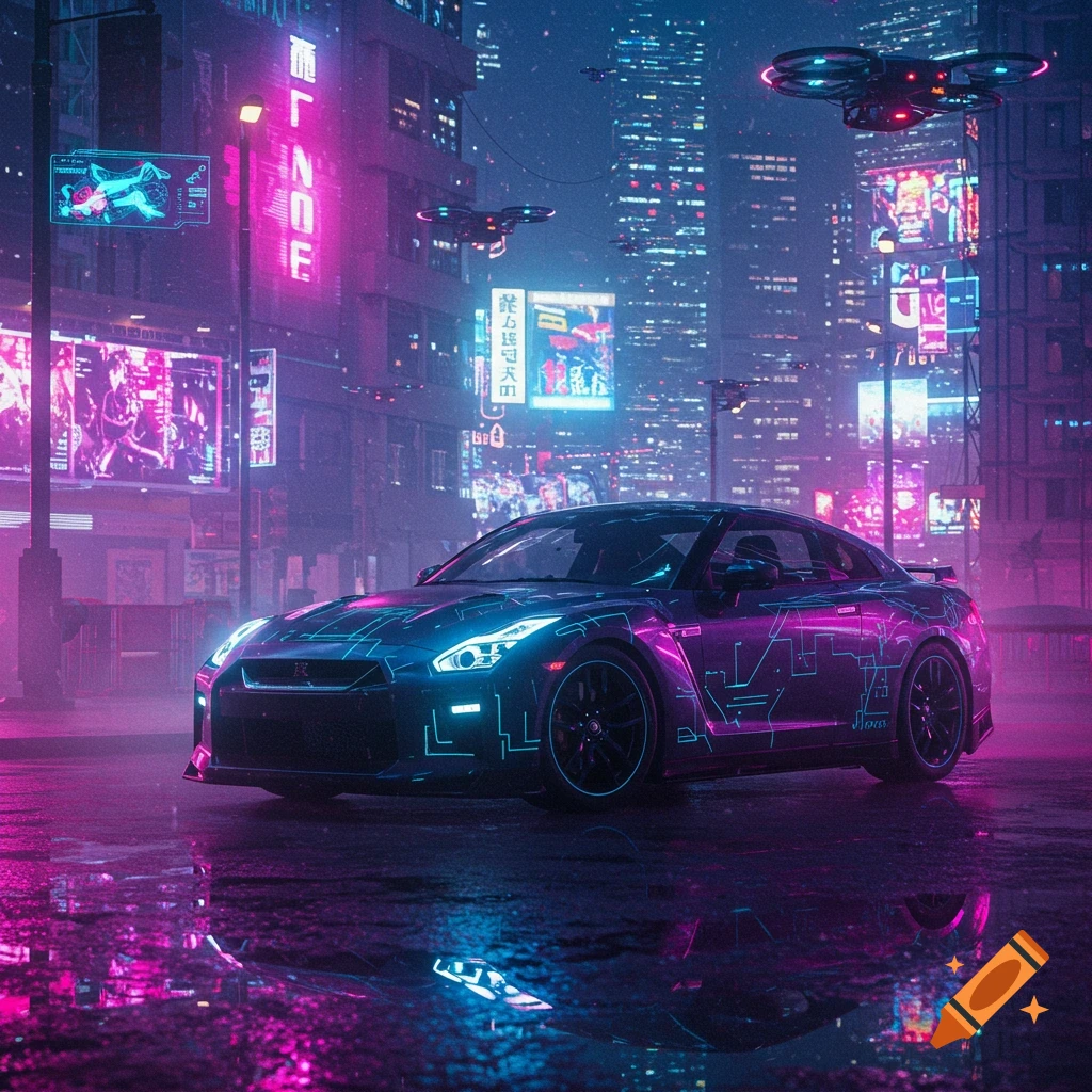 A Nissan GTR with glowing circuit patterns on its body sits on a wet street in a neon-lit cyberpunk city at night, with reflections.