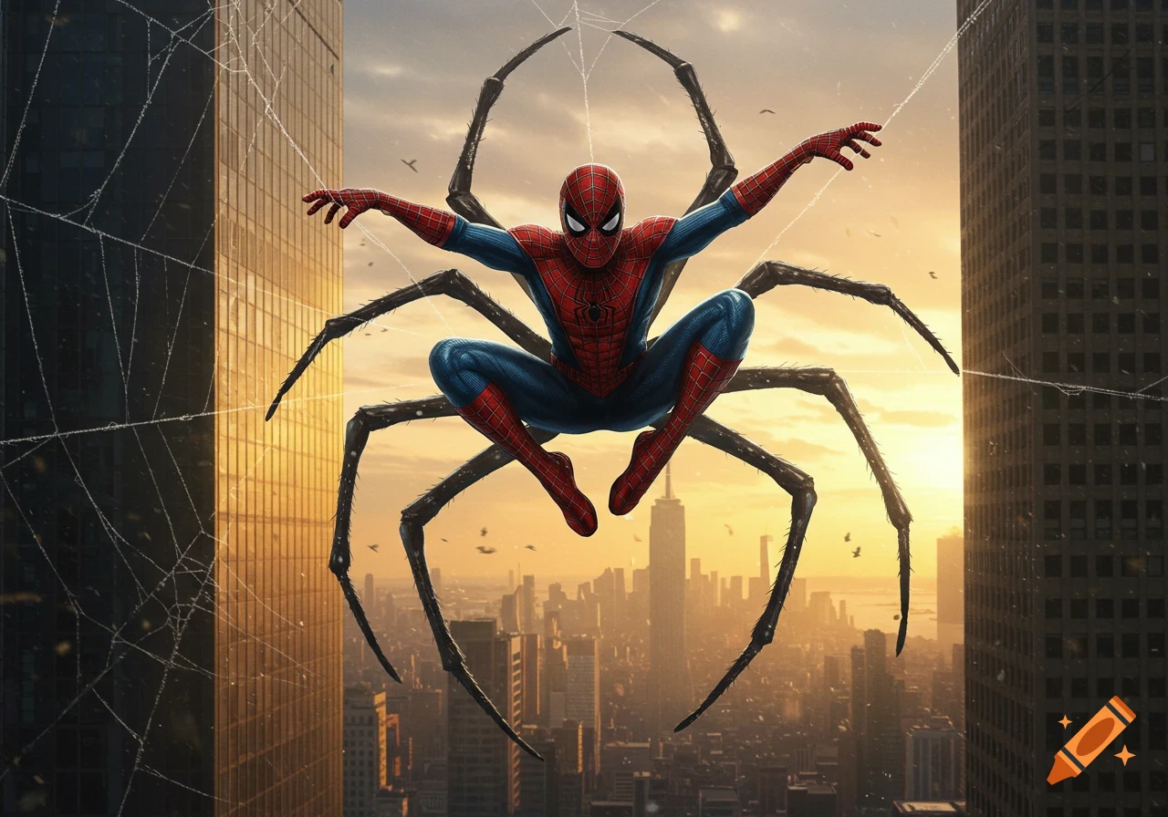 A detailed illustration of Spider-Man fused with a spider, crouching mid-air against a city skyline at sunset.