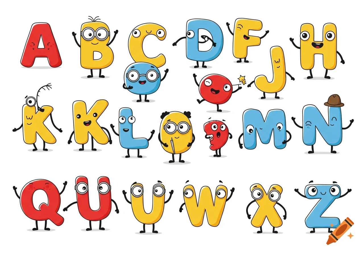 A colorful cartoon illustration of all 26 uppercase English alphabet letters, each animated with Minion-like faces, arms, and legs.