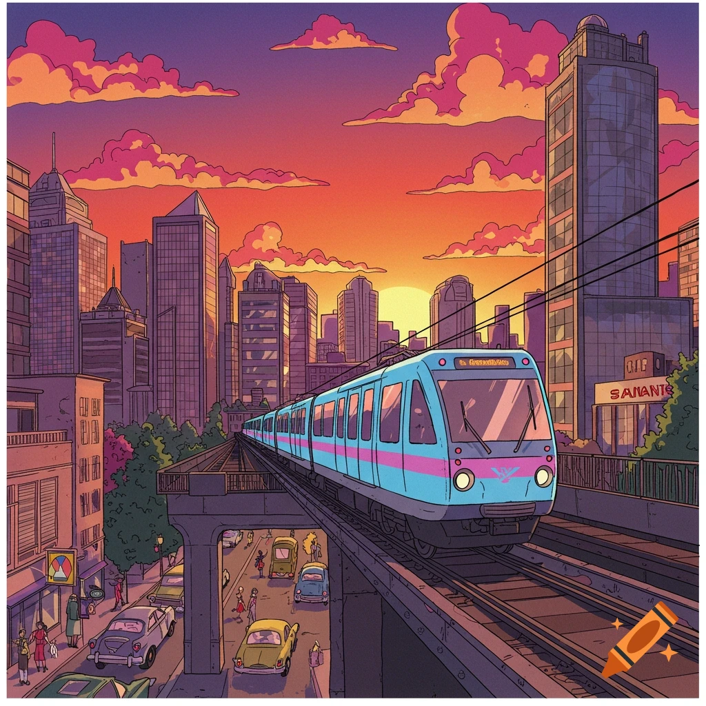 80s cartoon of a blue train on an elevated track through a city skyline at sunset.