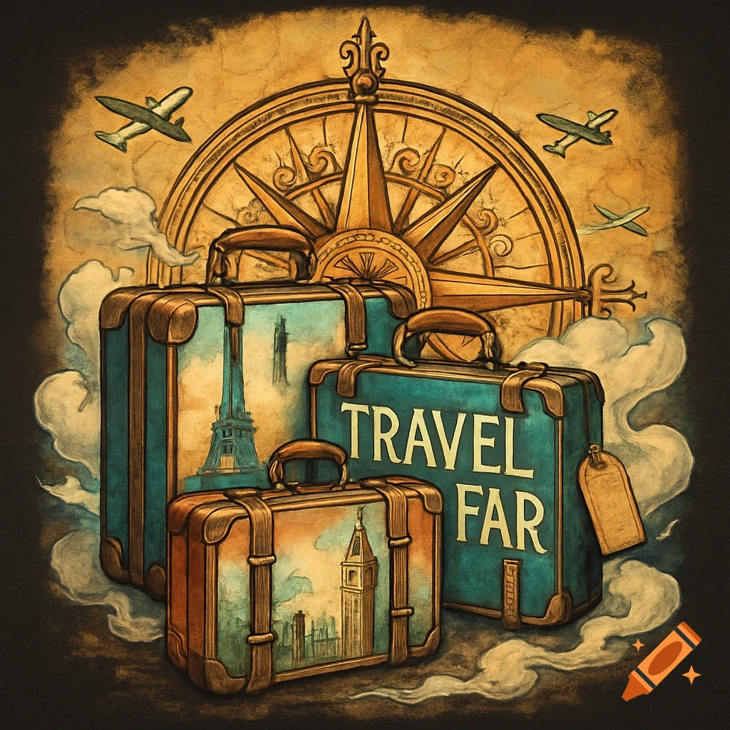 Vintage-style illustration of suitcases, a compass rose, and airplanes with the text TRAVEL FAR.
