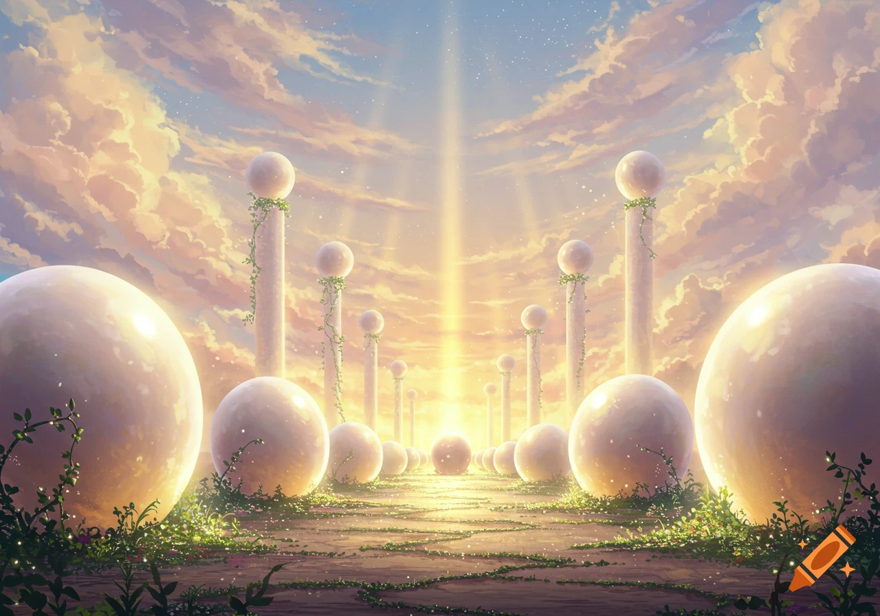 An ethereal fantasy landscape with glowing white spheres, pillars draped in vines, and a brilliant light emanating from the sky.