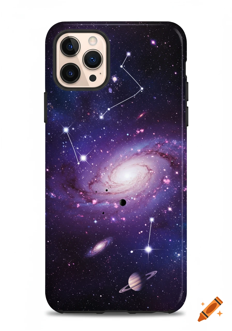 A black phone case featuring a vibrant purple and blue galaxy, stars, constellations, and planets like Saturn.