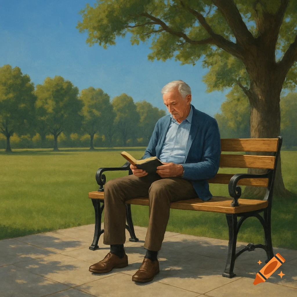 An elderly man with gray hair sits on a park bench reading a book under an oak tree, bright and serene.