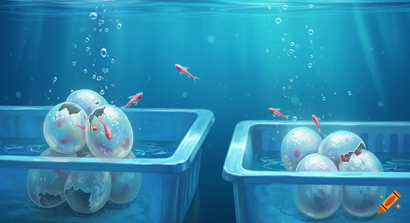 Underwater illustration of small red fish hatching from translucent eggs in blue trays, with other fish swimming.