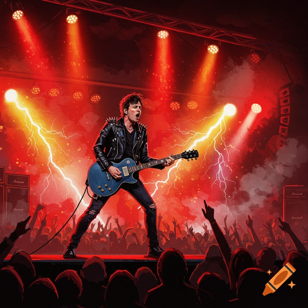 A rock musician with a blue guitar performs on stage under red lights and lightning effects, with a crowd raising their hands.