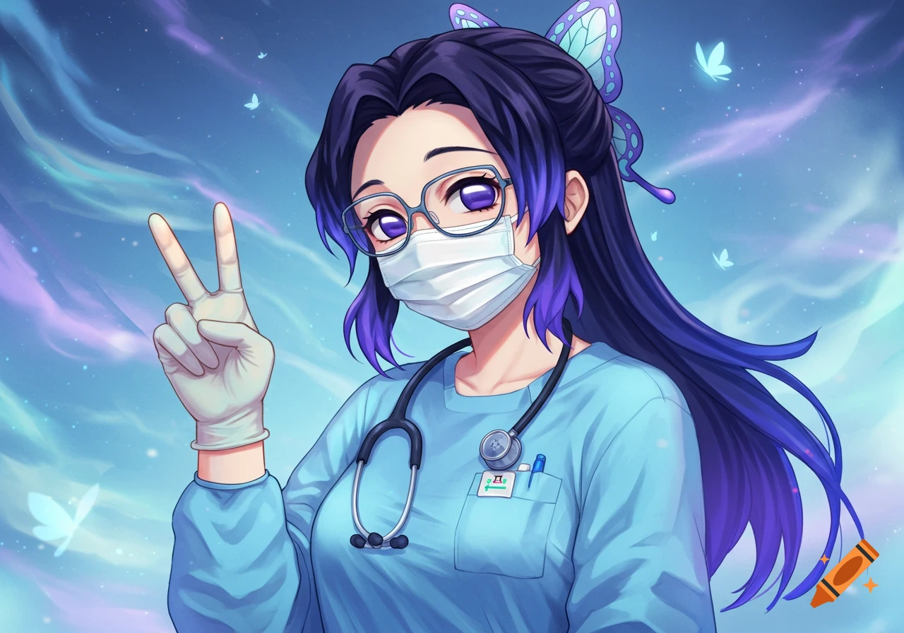 An anime character, Shinobu from Demon Slayer, wears a blue medical gown, mask, glasses, and gloves, making a peace sign.