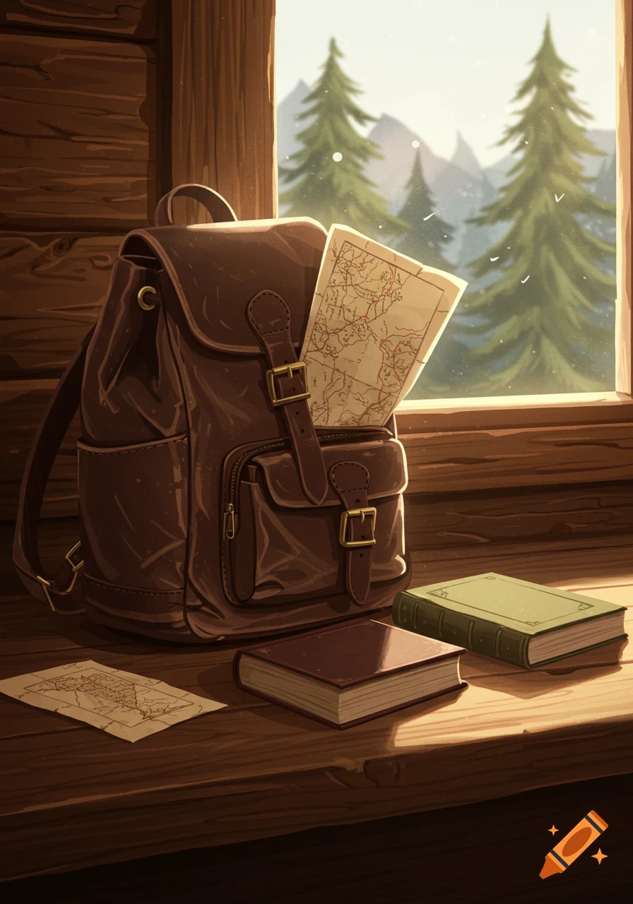 A brown leather backpack with a map sticking out, next to two books and another map on a wooden table by a window overlooking a forest and mountains in an illustrative style.