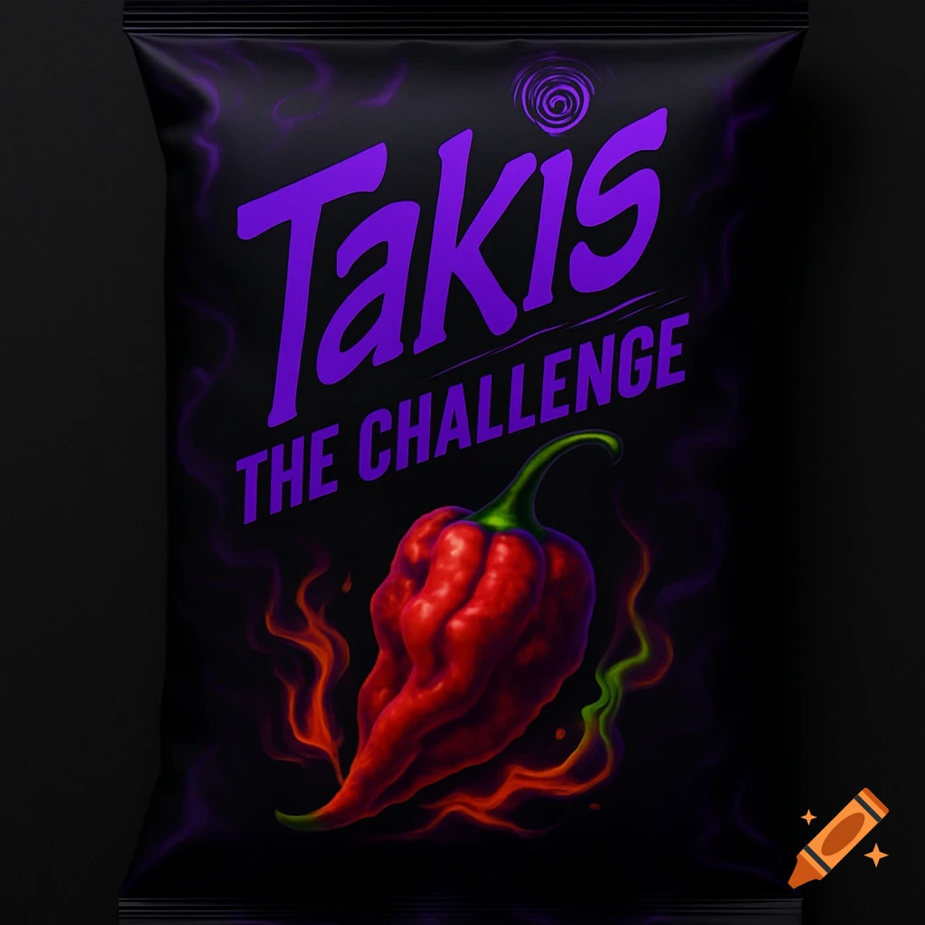 Black and purple Takis 'THE CHALLENGE' chip bag with a vibrant red chili pepper surrounded by orange and green flames.