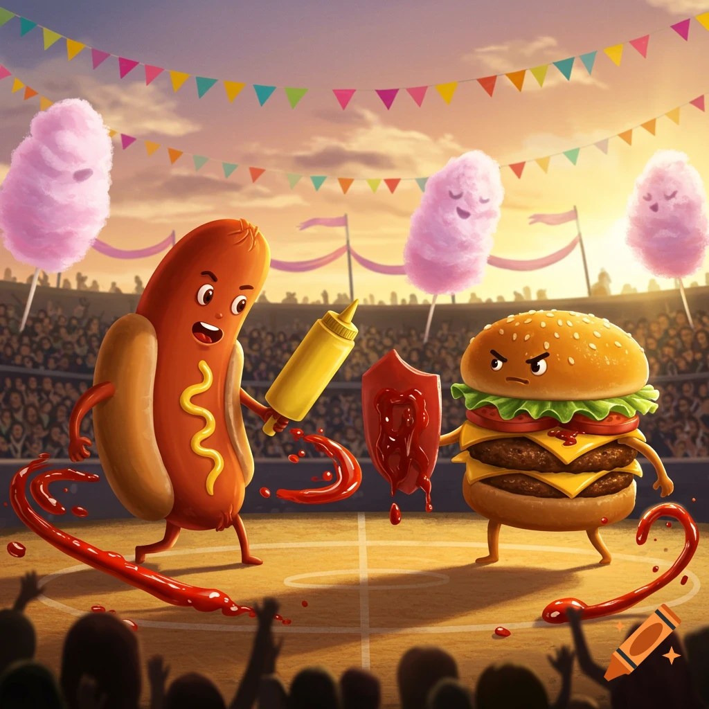 A cartoon hotdog with a mustard bottle fights a burger with a ketchup shield in a stadium, while pink cotton candy clouds float.