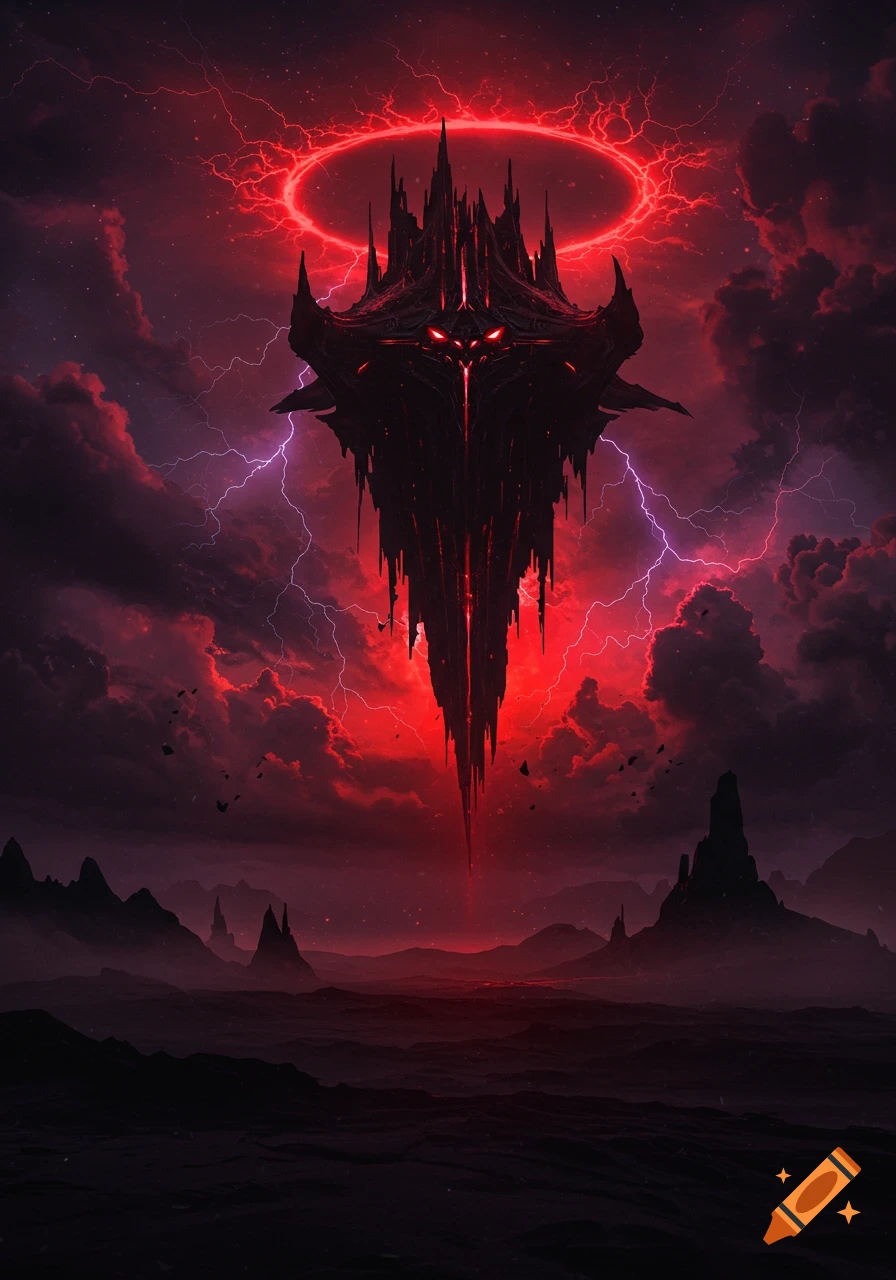 A sinister, dark, spiky structure with glowing red eyes hovers under a red, stormy sky with lightning over a barren landscape.