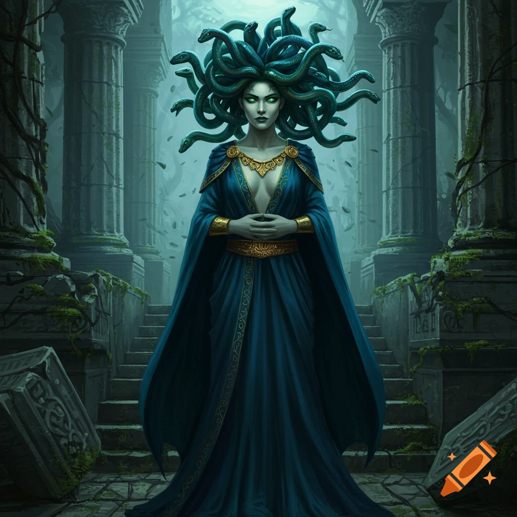Medusa, with snakes for hair and glowing green eyes, stands in a blue gown amidst moss-covered ancient ruins in a fantasy art style.