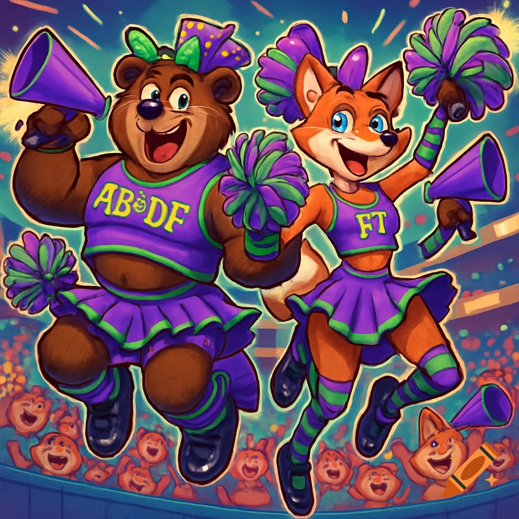 A cartoon bear and fox in cheerleader outfits with purple and green accents, jumping and cheering in a lively sports arena.
