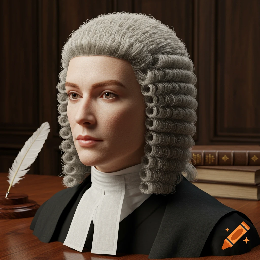 A photorealistic portrait of a person in a barrister's wig and robes, with a quill and books on a wooden desk.