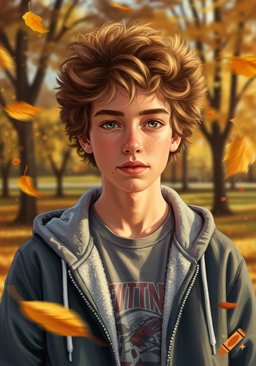 Digital painting of a teenage boy with fluffy brown hair, wearing a hoodie, standing in an autumn park with falling leaves.