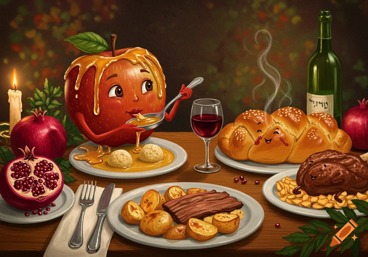 Cartoon apple with honey eating soup, smiling challah bread, brisket, pomegranates, and wine on a festive table, illustration.