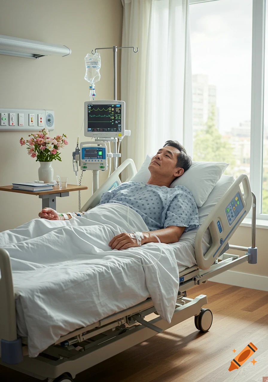 A middle-aged man in a hospital gown lies in a hospital bed, connected to IVs and medical monitors, in a bright room with a large window.