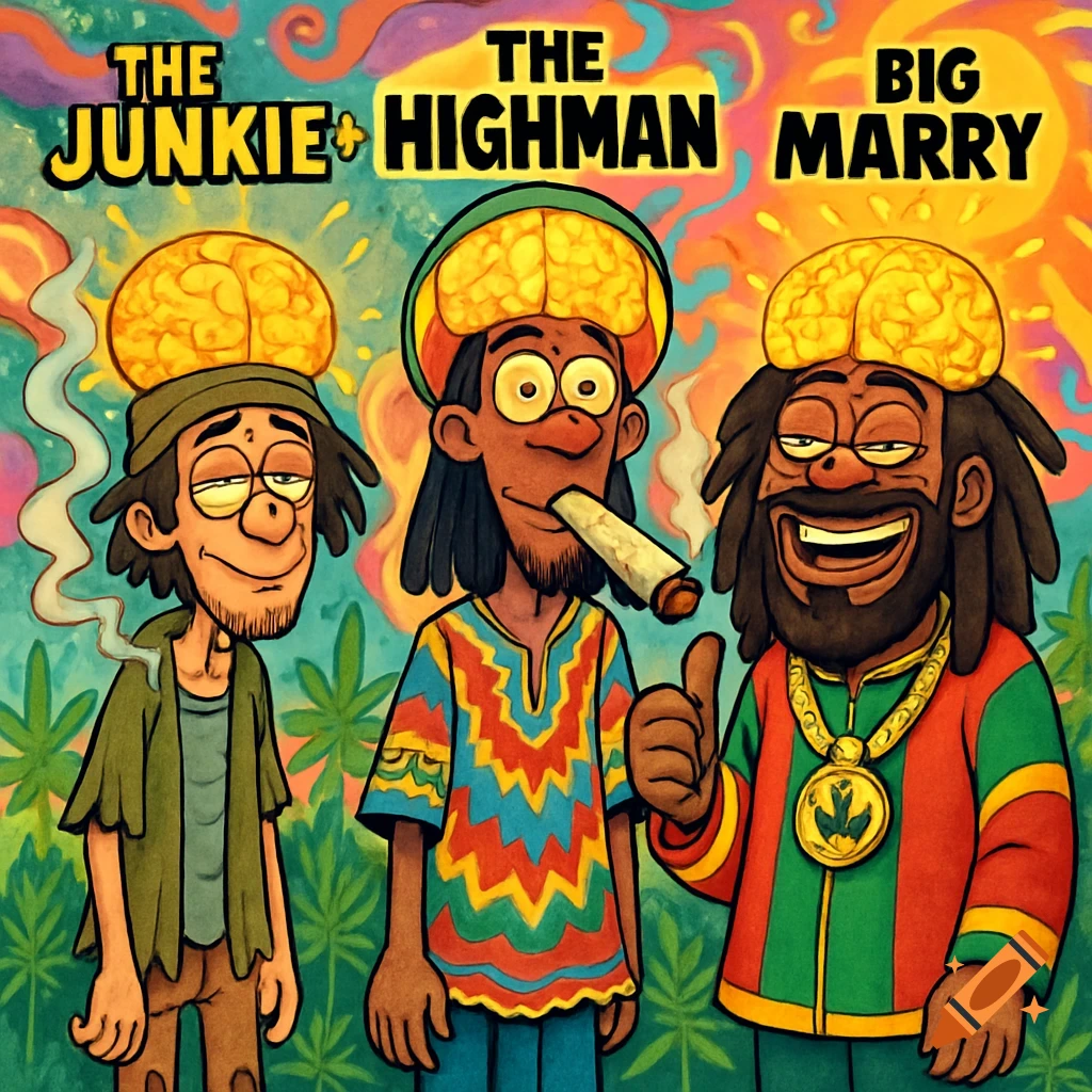 A 90s cartoon image of three men with large brains on their heads, one smoking a joint, against a cannabis leaf background. Text reads "The Junkie + Highman Big Marry".