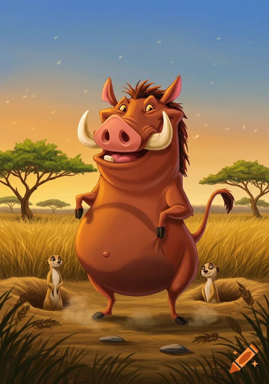 Cartoon Pumbaa the warthog stands on two legs in a savanna, with two meerkats peaking from holes in the foreground.