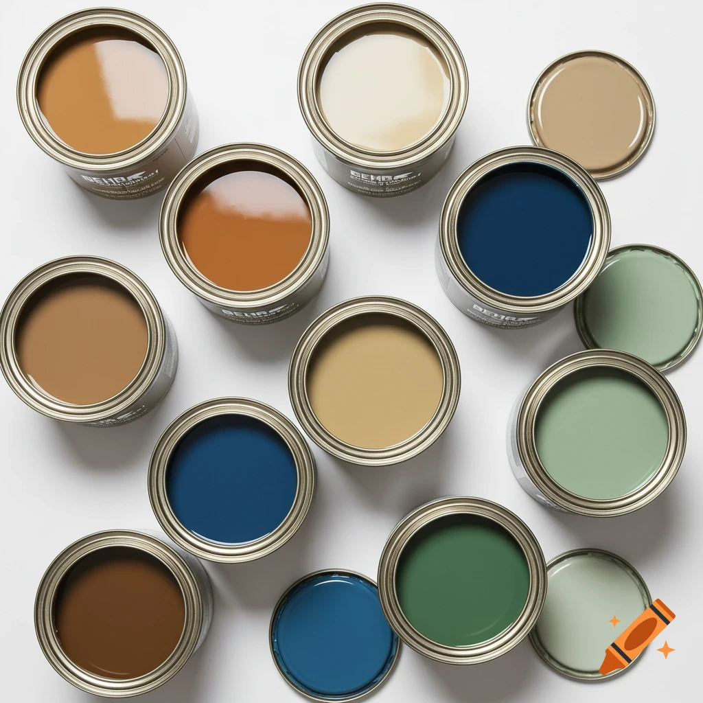 An overhead shot of multiple open paint cans displaying a variety of colors including blues, greens, browns, and creams, on a white background.