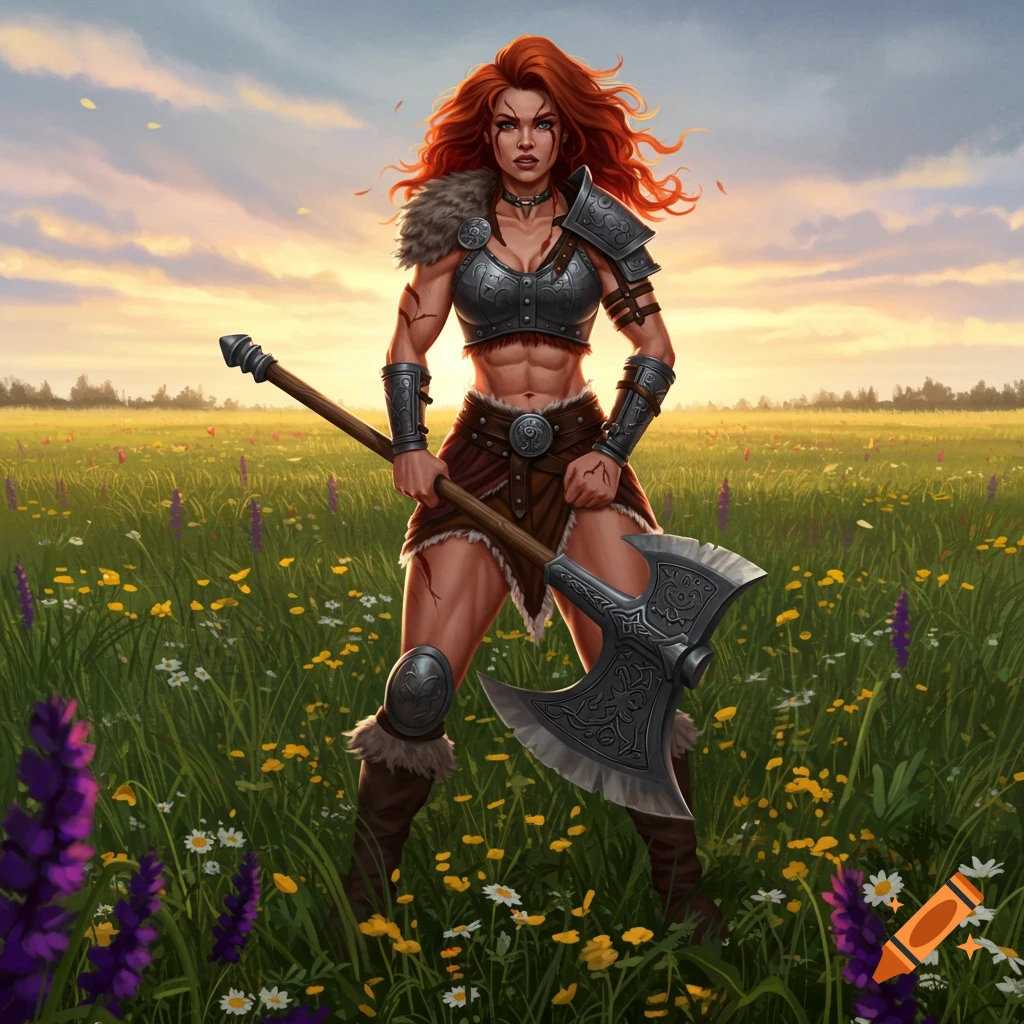 Muscular red-haired female barbarian in armor holds an axe in a vibrant field of colorful flowers at sunset, digital art.