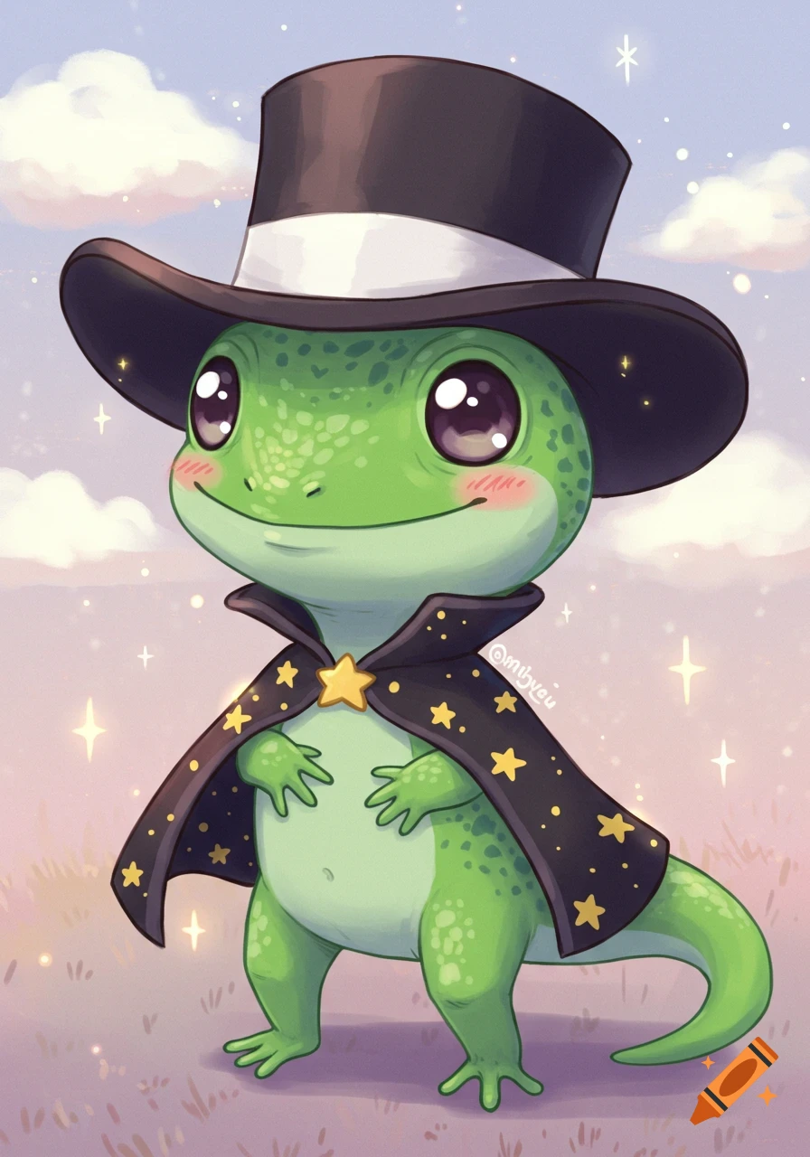 A cute green chibi lizard with large eyes wears a black top hat and a star-studded black wizard's cape, standing in a magical landscape.