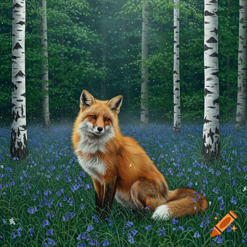 A red fox sits in a lush forest clearing filled with purple bluebells and tall white birch trees.