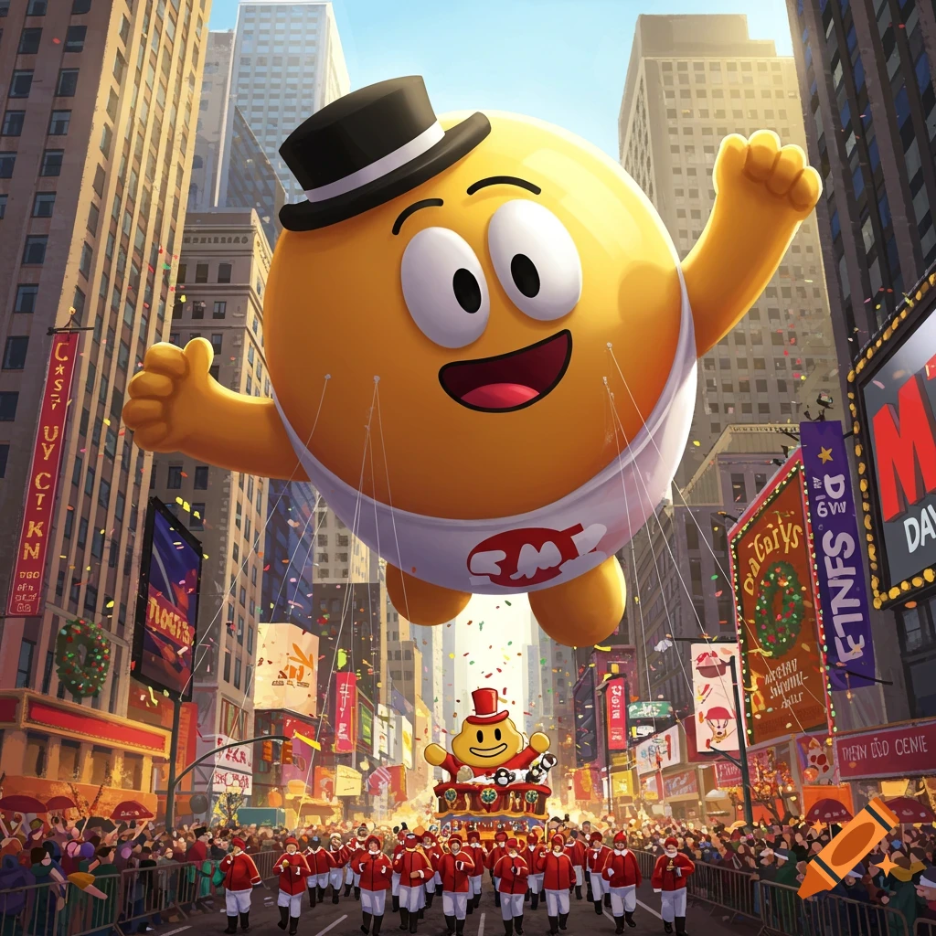 A giant yellow cartoon balloon character wearing a top hat and white sash floats above a city street during a parade with a marching band and onlookers.