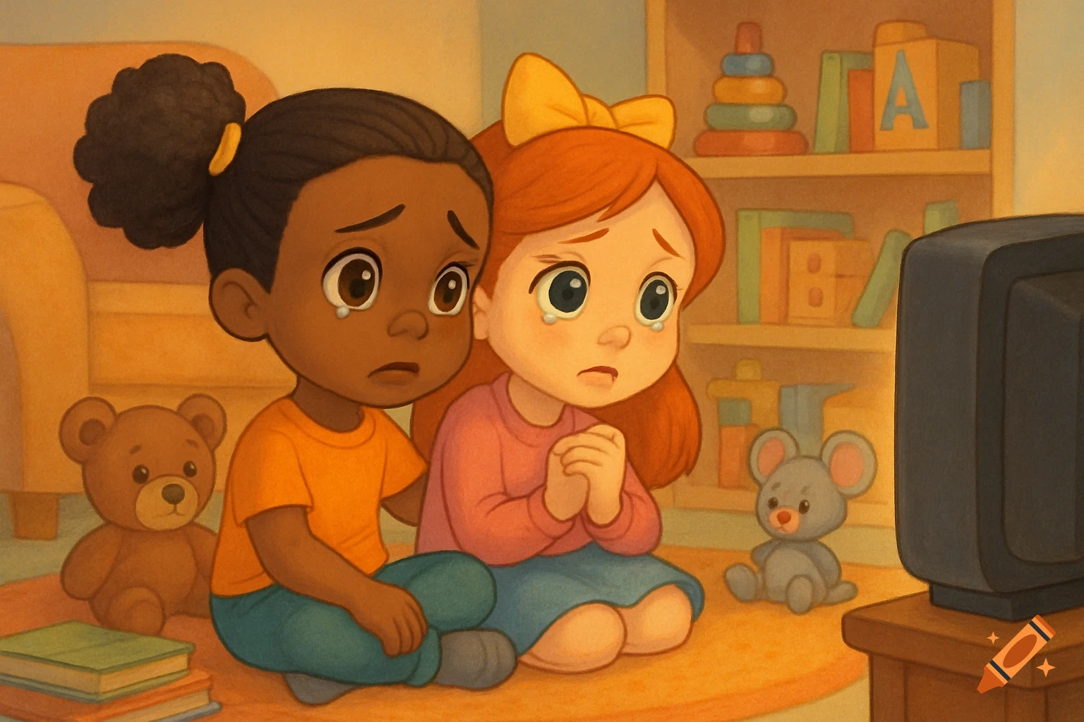 Two sad cartoon girls crying while watching an old television in a child's room.
