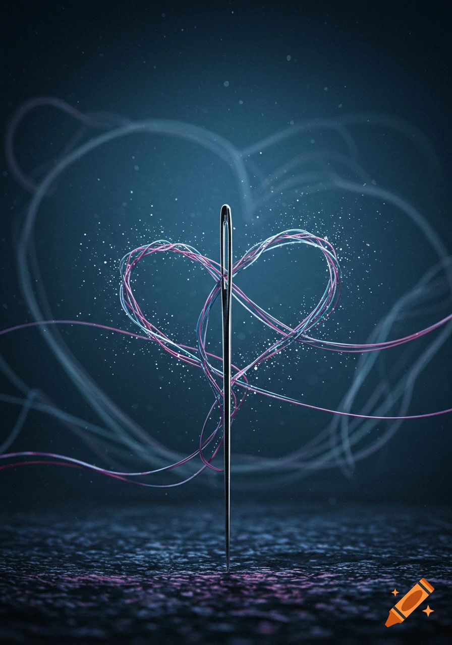 A shining needle pierces a heart-shaped tangle of pink and blue threads, set against a dark, speckled background.