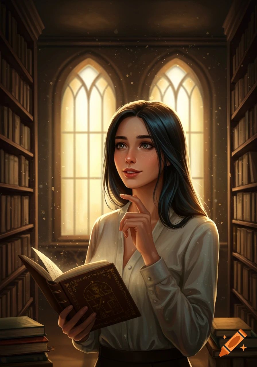 A woman with dark hair in a library holds an ornate book, light streams through arched windows in a detailed art style.