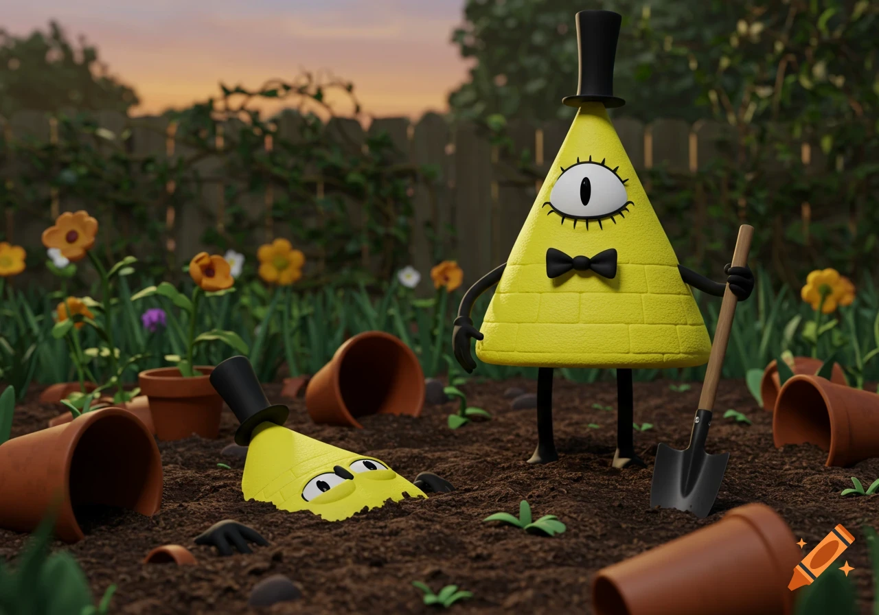 A yellow triangle cartoon character with a top hat holds a shovel in a garden, with another triangle character buried in the dirt.