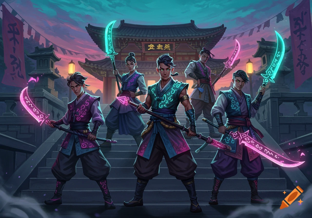 Five stylized demon hunters with glowing pink and turquoise weapons stand on temple steps under a twilight sky.