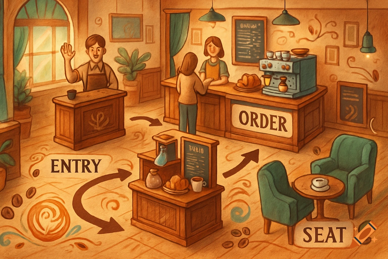 A warm, cartoon-style illustration of a cafe's customer journey, with 'ENTRY', 'ORDER', and 'SEAT' labels and arrows.