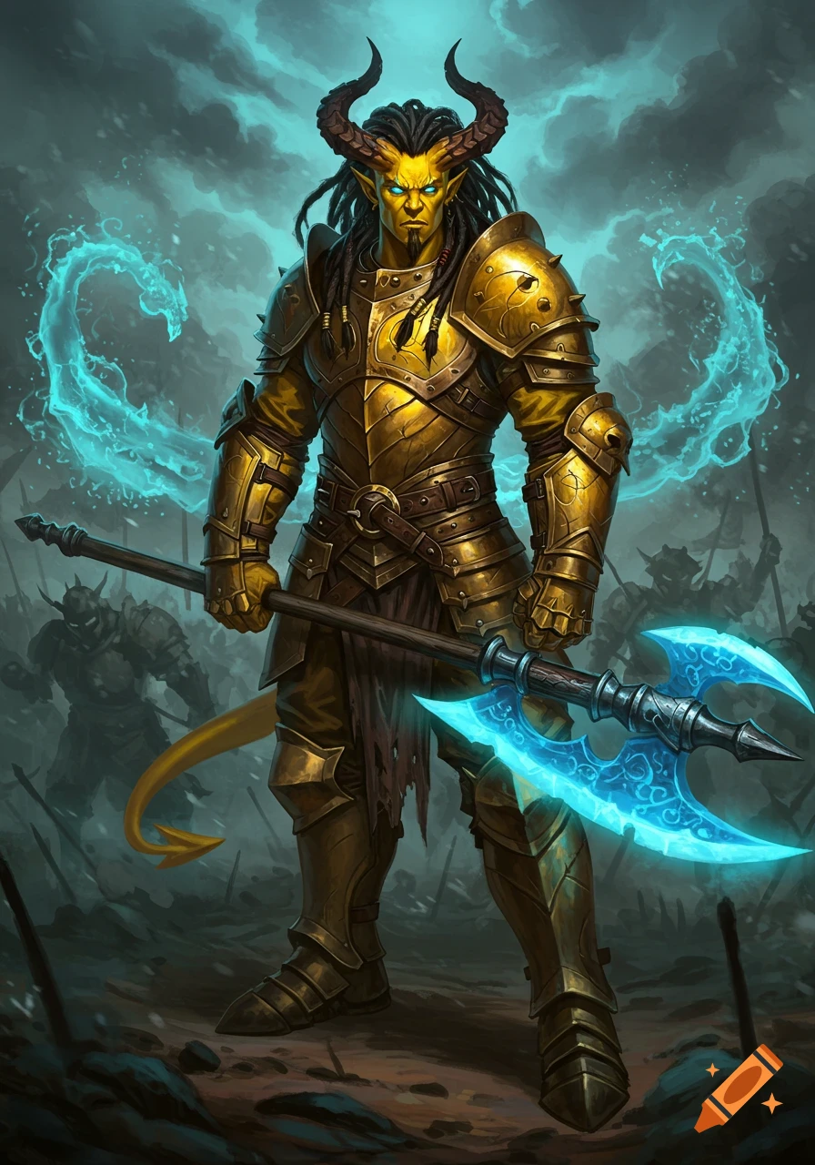 A yellow-skinned warrior with dreadlocks, horns, and glowing eyes, clad in golden armor, wielding a blue energy halberd on a stormy battlefield.