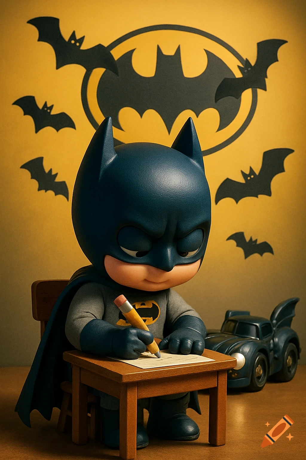 A cute, chibi Batman figure sits at a small wooden desk, focused on writing on a piece of paper with a pencil. A Batmobile toy sits to his right. The background is yellow with a large black Batman logo and smaller bat silhouettes.
