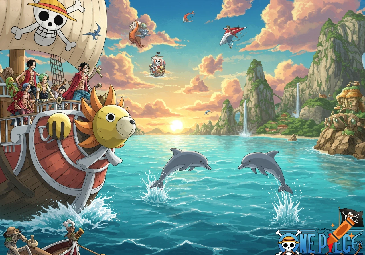 A vibrant anime scene featuring the Straw Hat Pirates on their ship, Thousand Sunny, sailing past tropical islands with dolphins jumping from the ocean. The sun sets in the background.